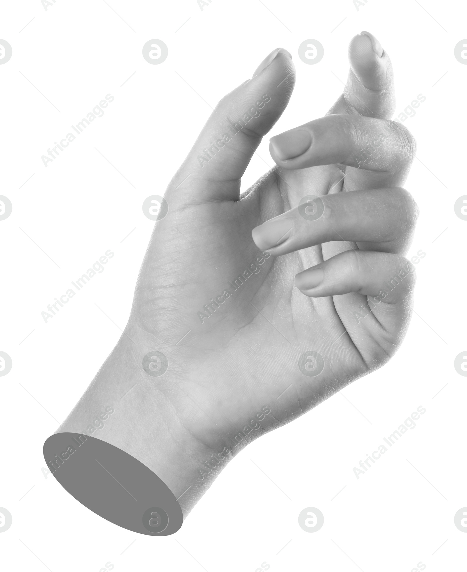 Image of Woman's hand on white background. Black and white effect