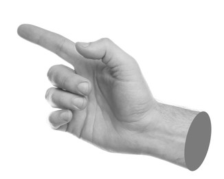 Image of Man's hand pointing at something on white background. Black and white effect