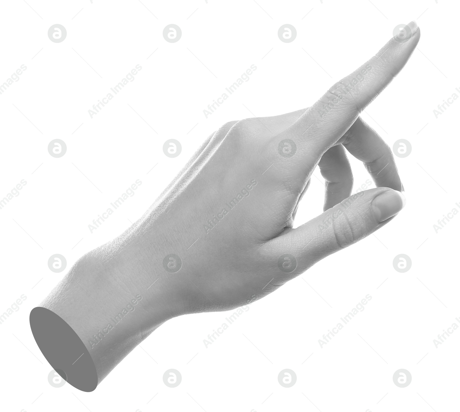 Image of Woman's hand pointing at something on white background. Black and white effect