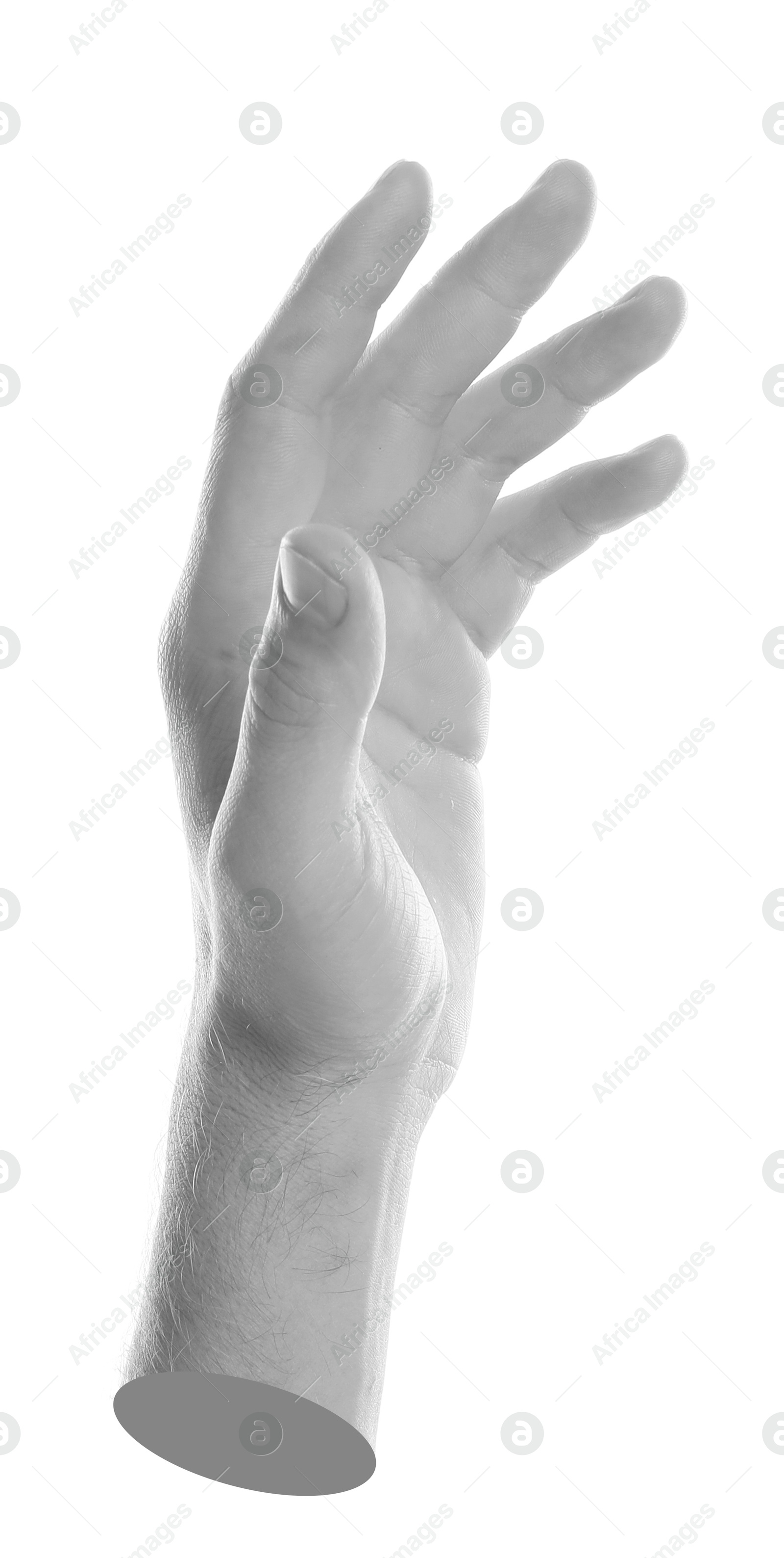 Image of Man's hand on white background. Black and white effect