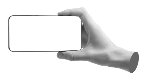 Image of Man's hand holding mobile phone with empty screen isolated on white. Black and white effect