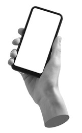 Image of Man's hand holding mobile phone with empty screen isolated on white. Black and white effect