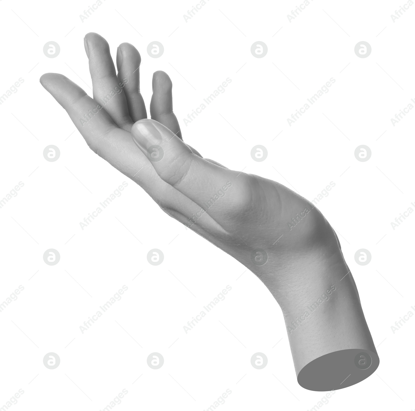 Image of Woman's hand on white background. Black and white effect