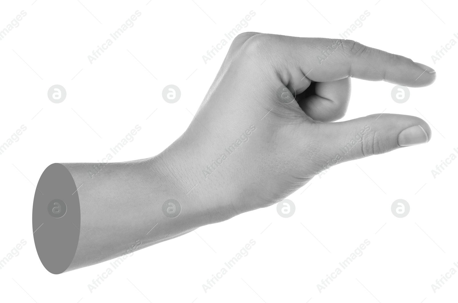 Image of Man's hand holding something on white background. Black and white effect