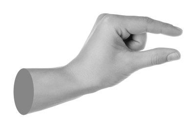 Image of Man's hand holding something on white background. Black and white effect