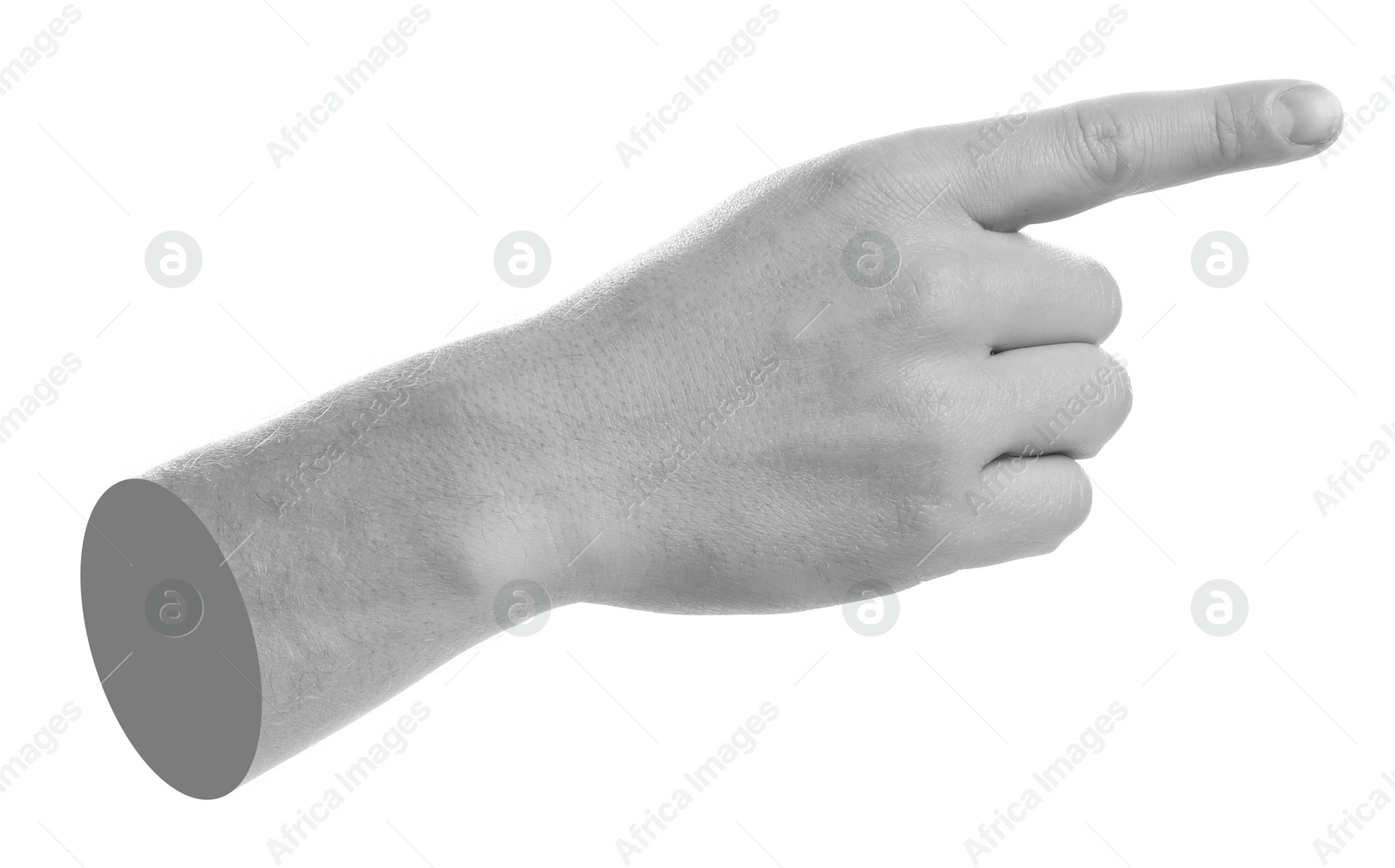 Image of Man's hand pointing at something on white background. Black and white effect