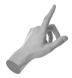 Image of Man's hand pointing at something on white background. Black and white effect