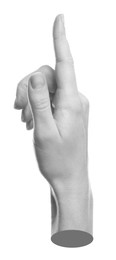 Image of Woman's hand pointing at something on white background. Black and white effect