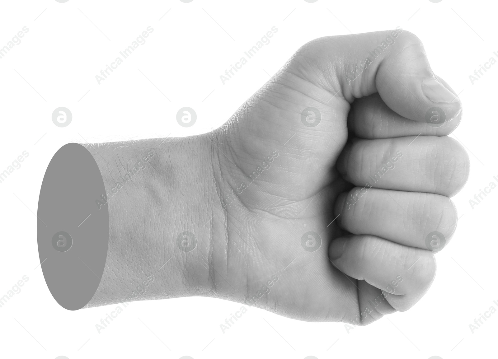 Image of Man's hand clenched in fist on white background. Black and white effect