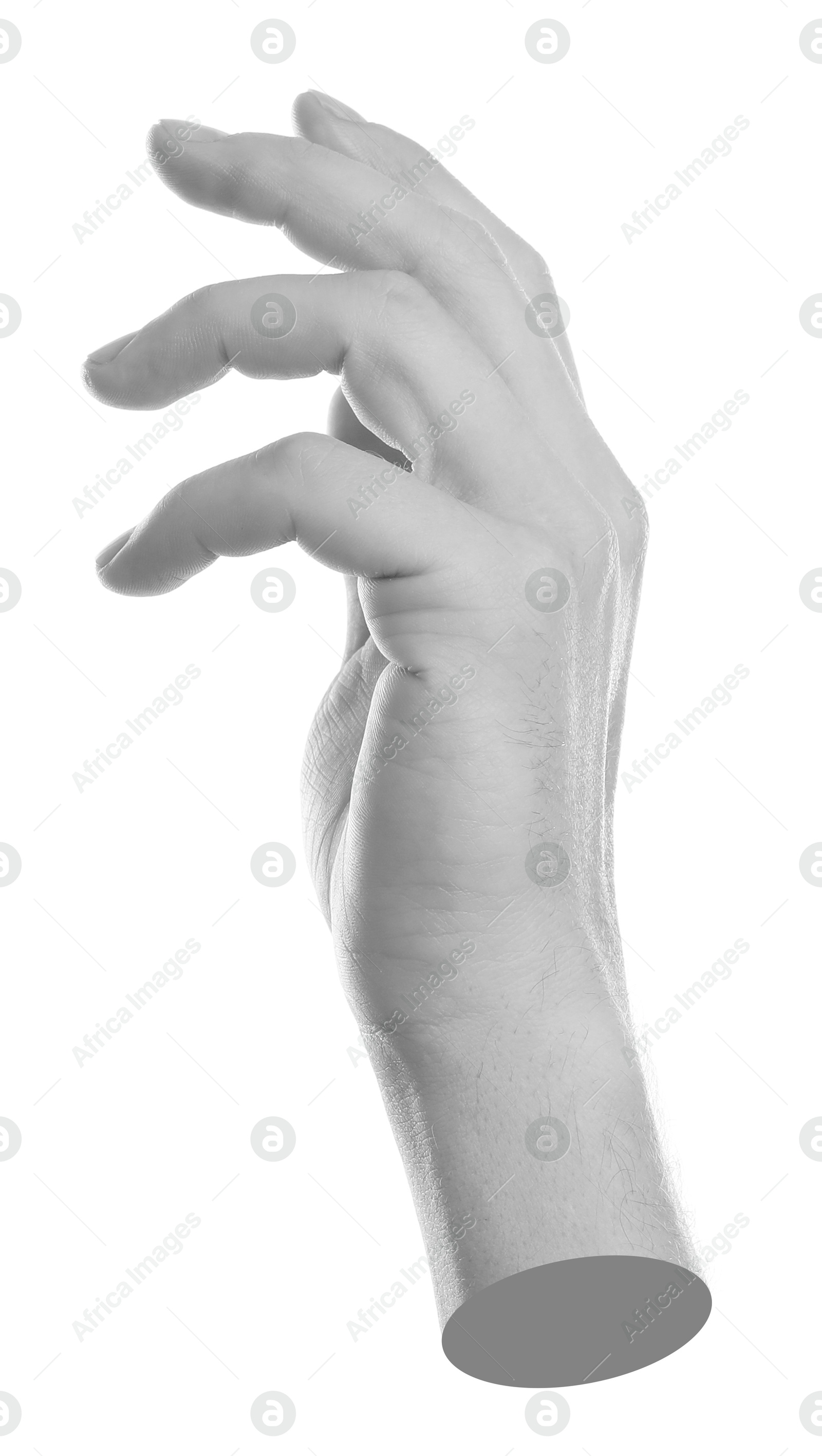 Image of Man's hand on white background. Black and white effect