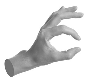 Image of Woman's hand holding something on white background. Black and white effect