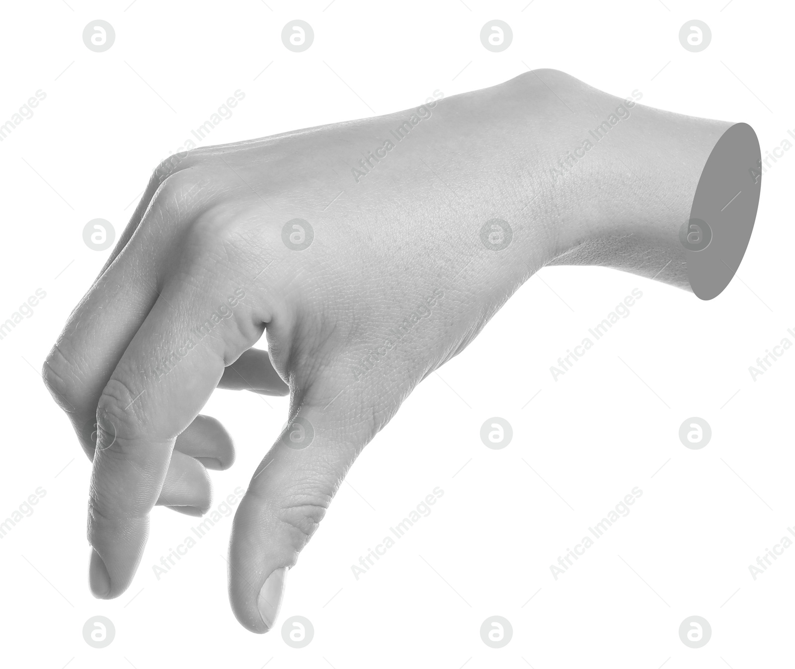 Image of Woman's hand holding something on white background. Black and white effect