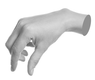 Image of Woman's hand holding something on white background. Black and white effect