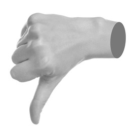 Image of Woman's hand showing thumbs down on white background. Black and white effect