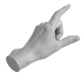 Image of Woman's hand pointing at something on white background. Black and white effect