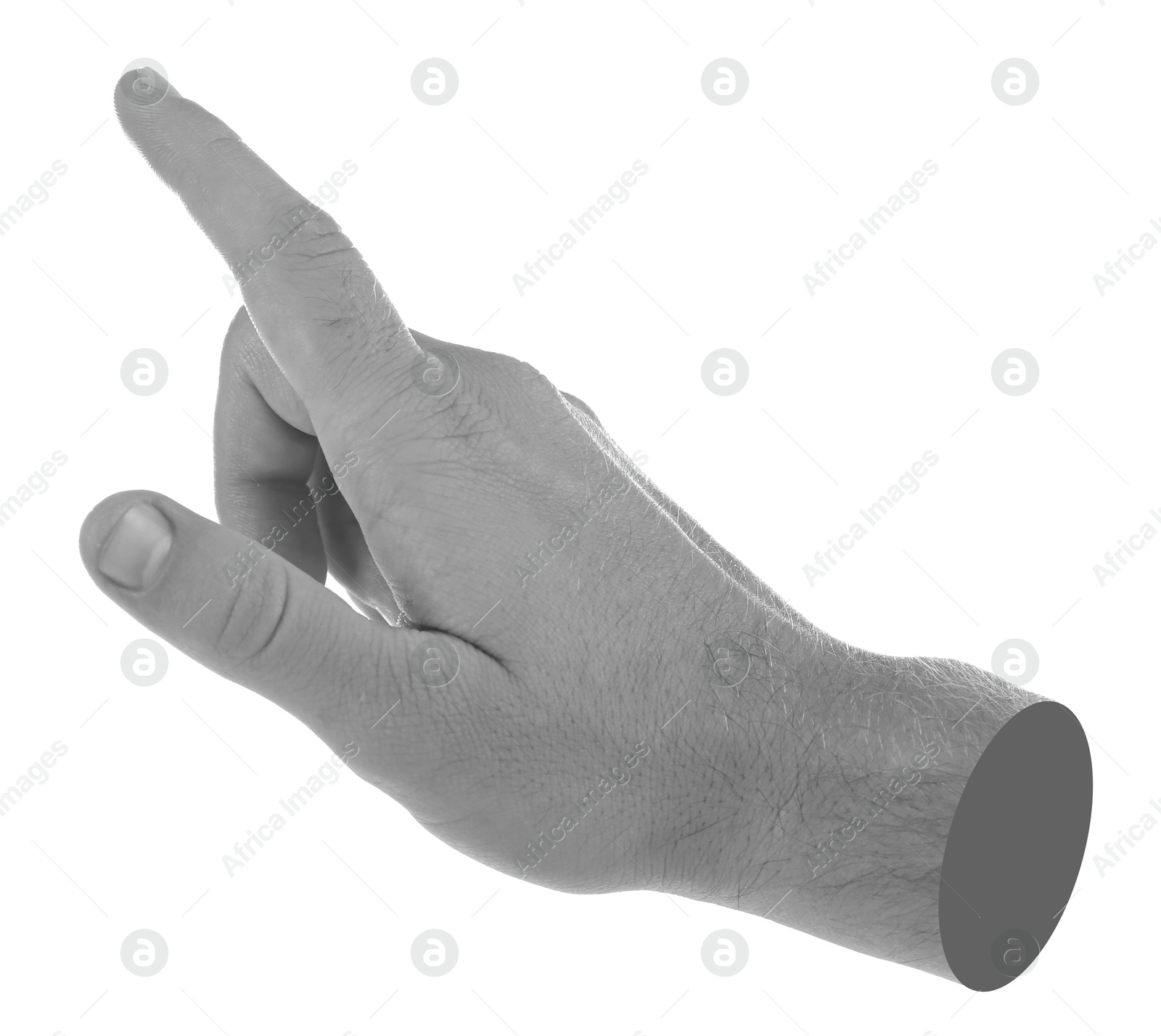 Image of Man's hand pointing at something on white background. Black and white effect