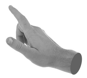 Image of Man's hand pointing at something on white background. Black and white effect