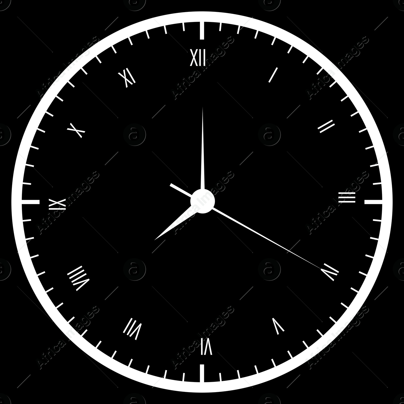 Image of Clock face with roman numerals on black background