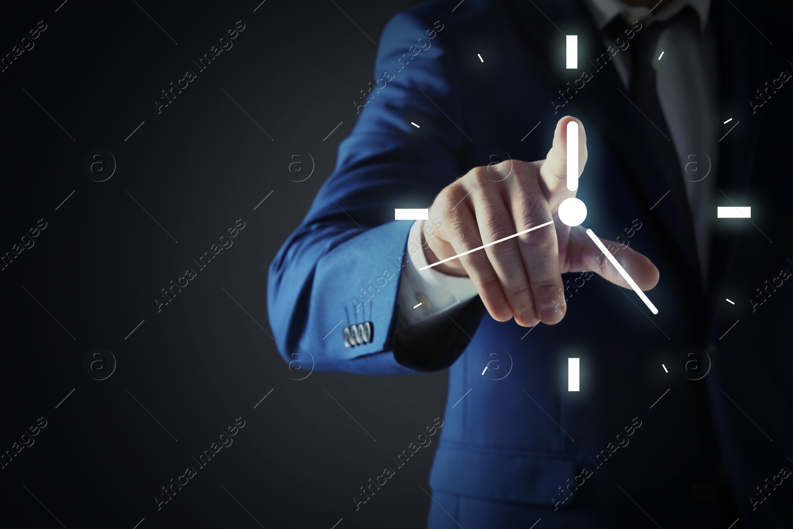 Image of Businessman touching virtual clock on dark background, closeup. Space for text