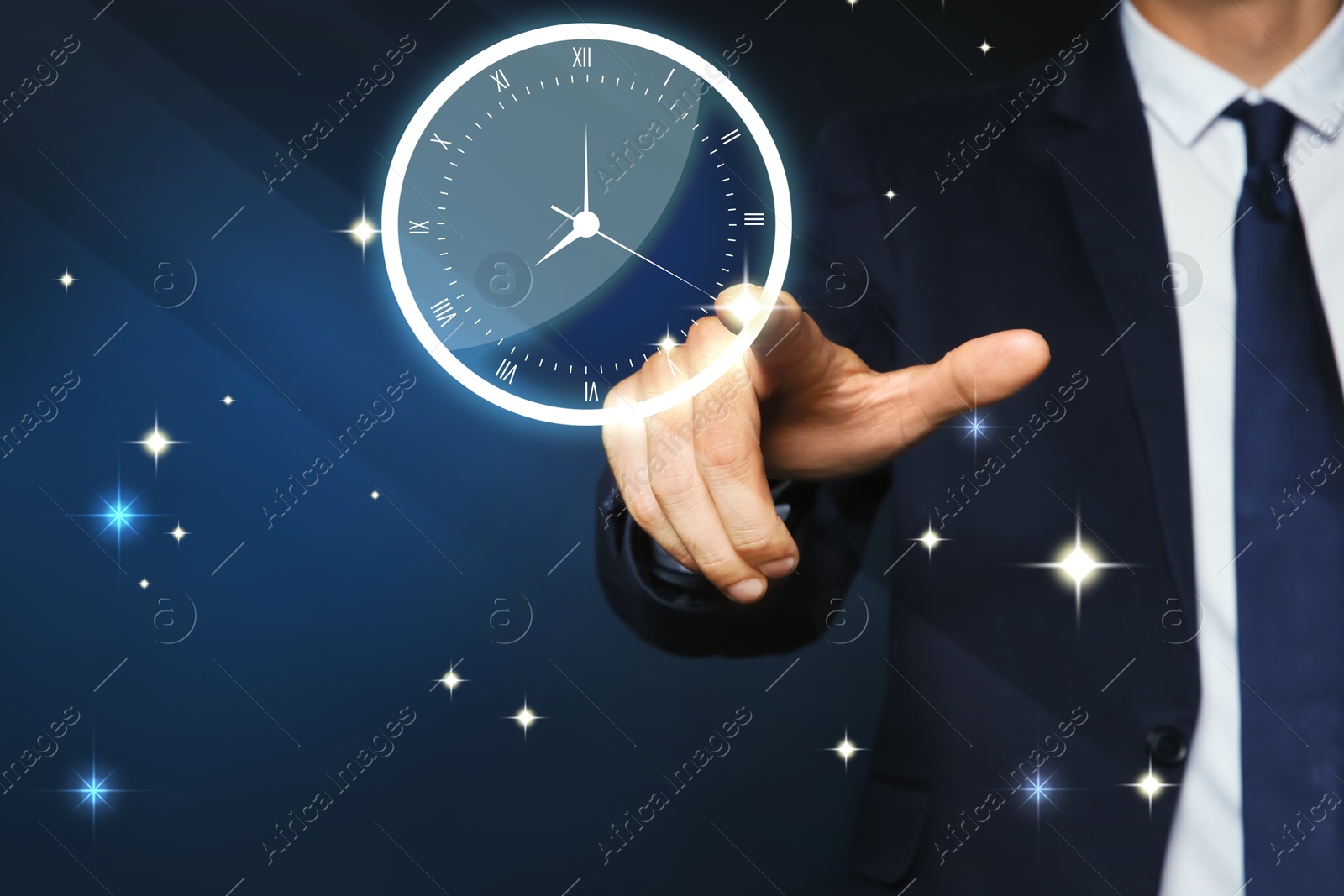 Image of Businessman touching virtual clock on dark background, closeup