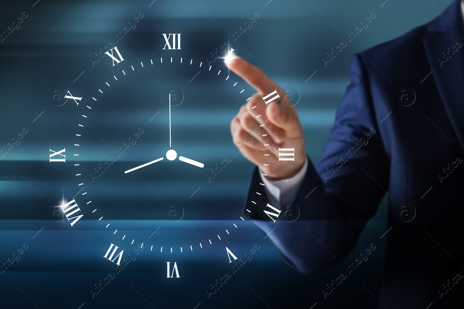 Image of Businessman touching virtual clock on dark background, closeup