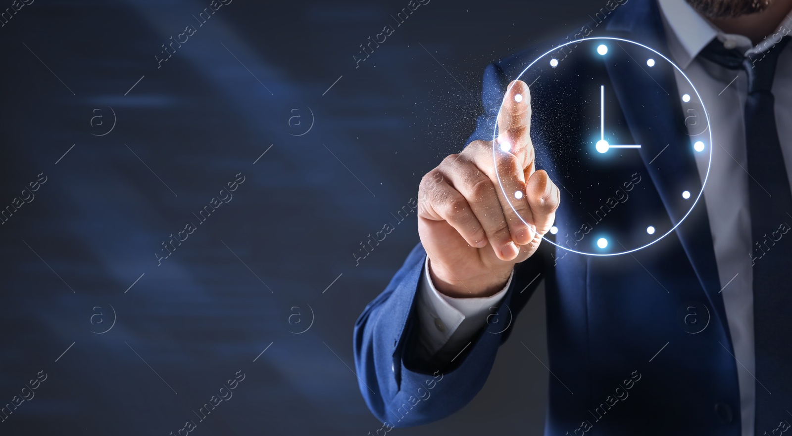 Image of Businessman touching virtual clock on dark background, closeup. Banner design with space for text