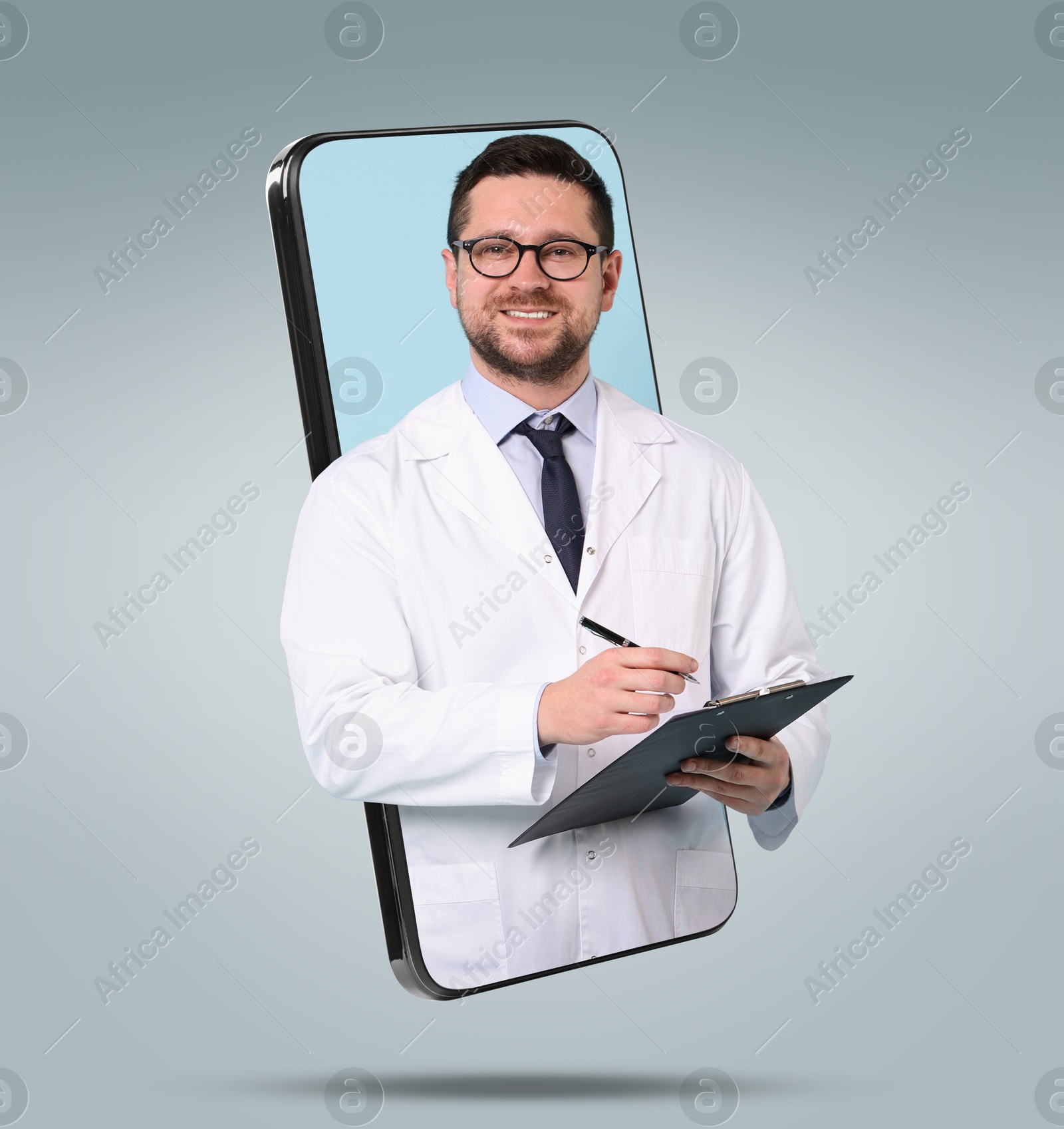 Image of Online medical consultation. Doctor with clipboard on smartphone screen against grey gradient background