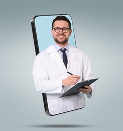 Online medical consultation. Doctor with clipboard on smartphone screen against grey gradient background