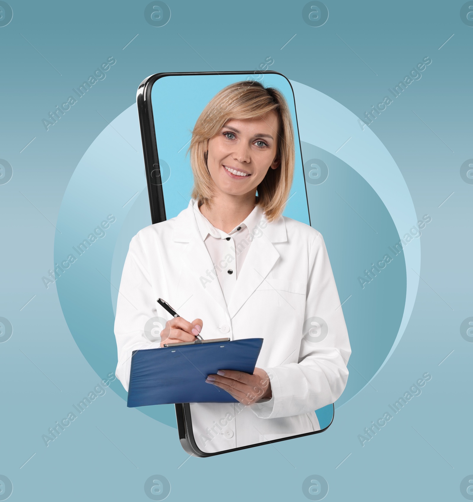 Image of Online medical consultation. Doctor with clipboard on smartphone screen against light blue background