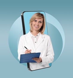 Online medical consultation. Doctor with clipboard on smartphone screen against light blue background