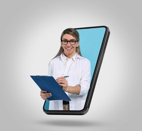 Image of Online medical consultation. Doctor with clipboard on smartphone screen against light grey background