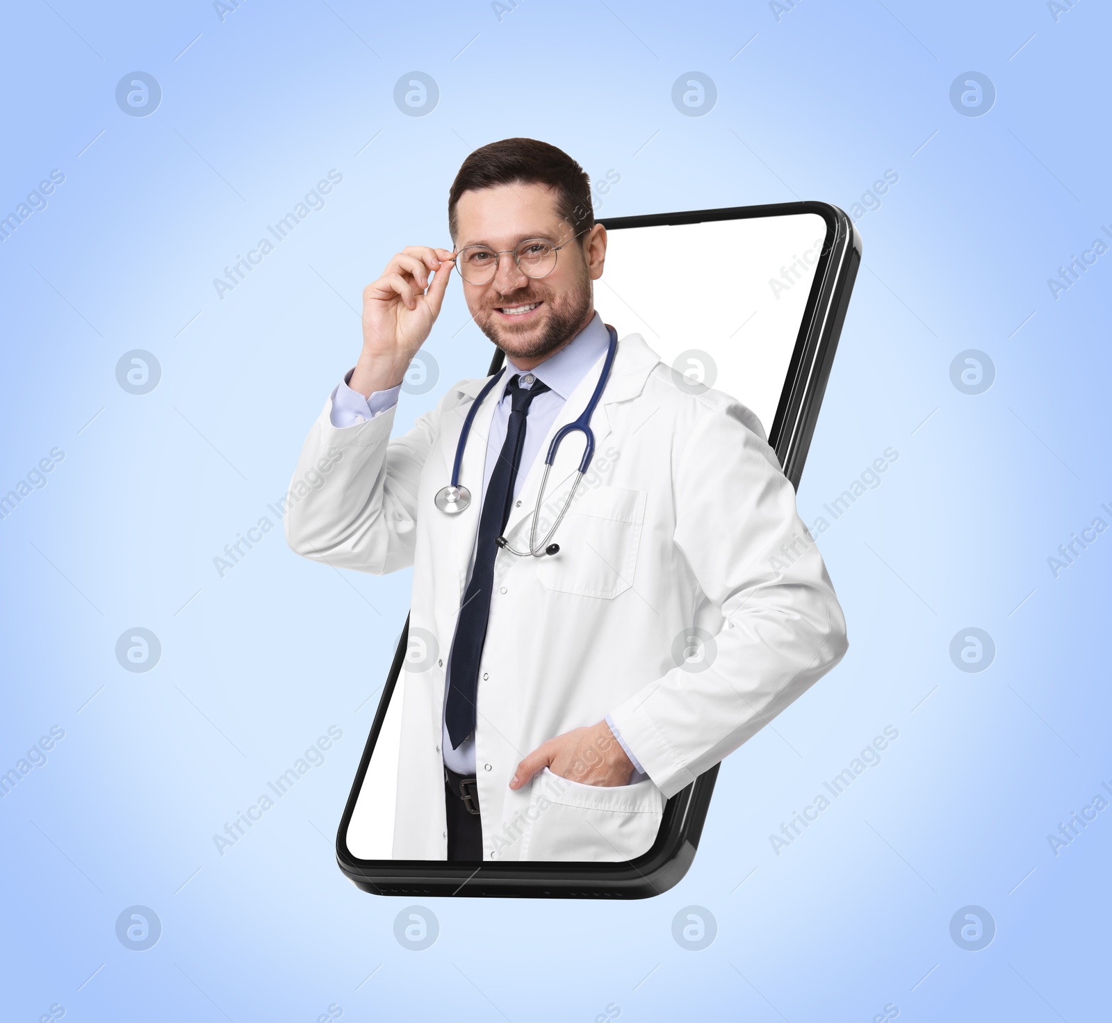 Image of Online medical consultation. Doctor on smartphone screen against light blue background