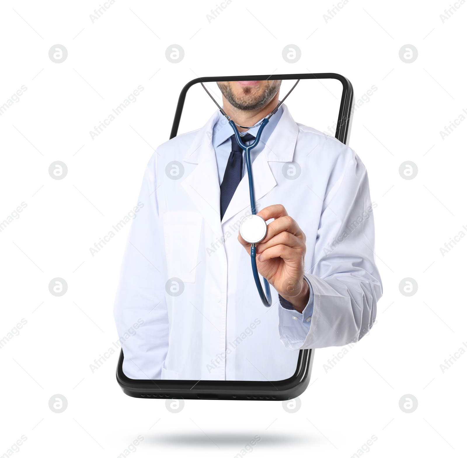Image of Online medical consultation. Doctor with stethoscope on smartphone screen against white background