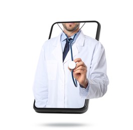 Online medical consultation. Doctor with stethoscope on smartphone screen against white background