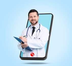 Online medical consultation. Doctor with clipboard on smartphone screen against light blue background