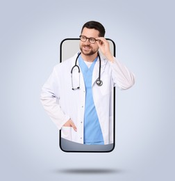 Image of Online medical consultation. Doctor on smartphone screen against light background