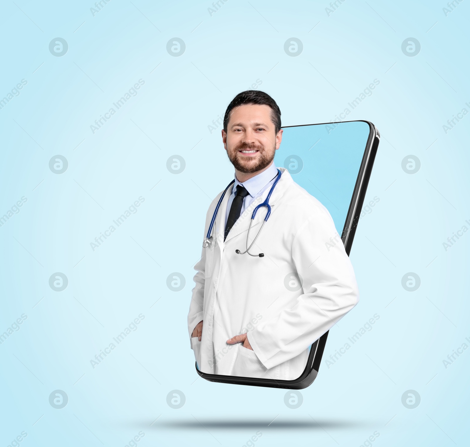 Image of Online medical consultation. Doctor on smartphone screen against light blue background