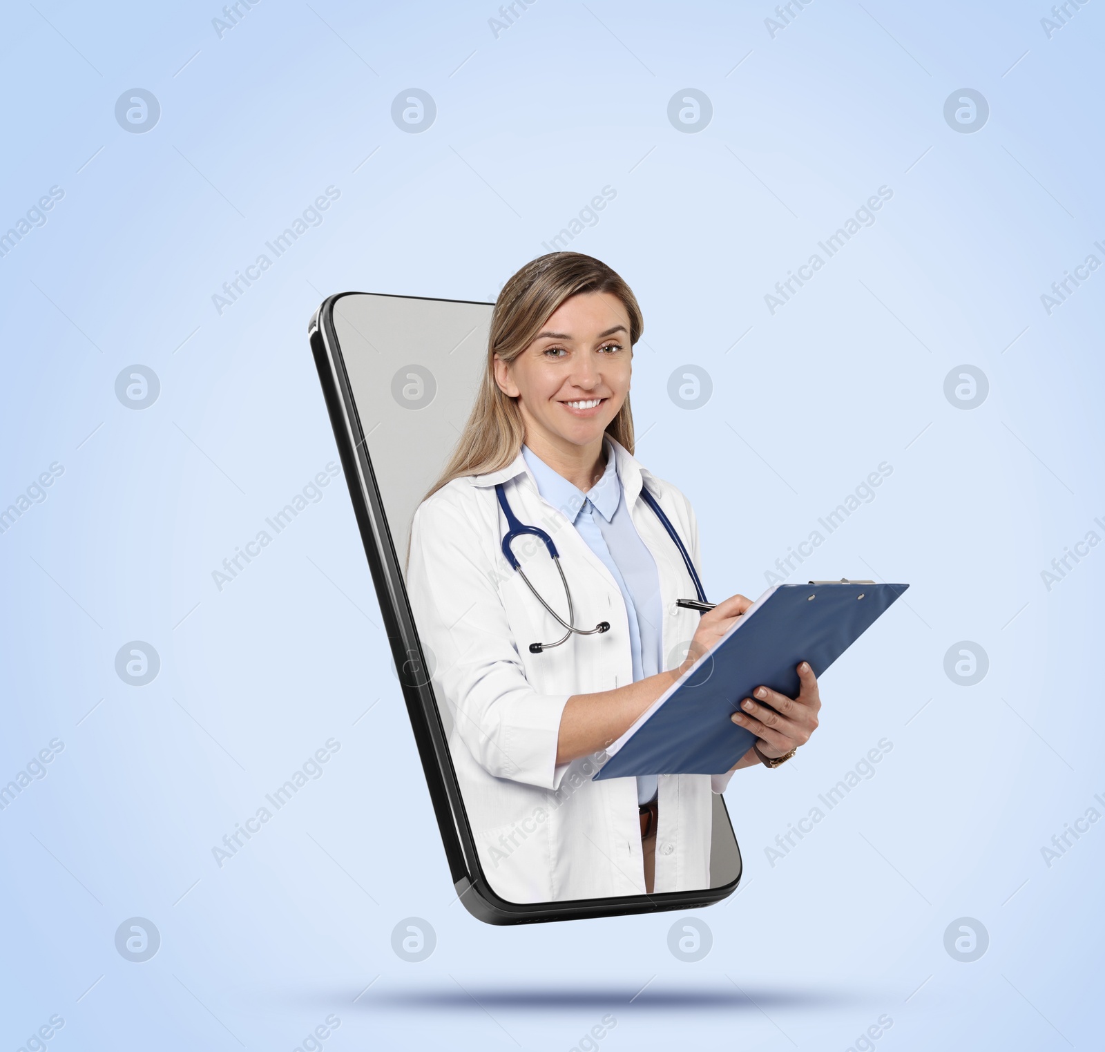 Image of Online medical consultation. Doctor with clipboard on smartphone screen against light blue background