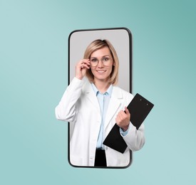 Online medical consultation. Doctor with clipboard on smartphone screen against light blue background