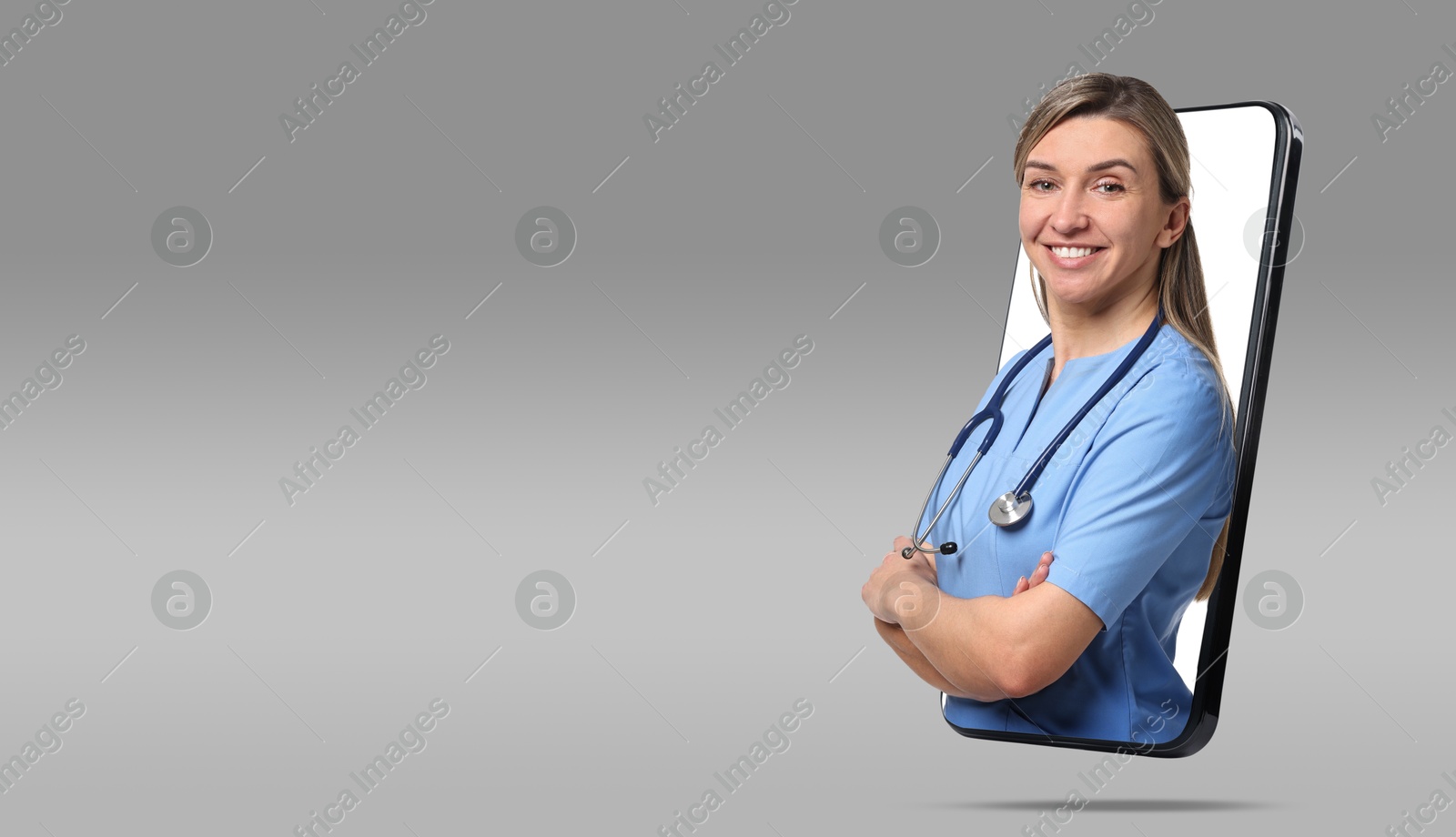 Image of Online medical consultation. Doctor on smartphone screen against grey gradient background, space for text