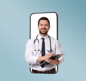 Online medical consultation. Doctor with clipboard on smartphone screen against light blue background