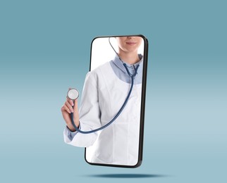 Image of Online medical consultation. Doctor with stethoscope on smartphone screen against light blue background