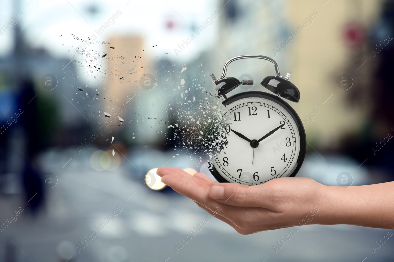 Image of Time running out. Woman with dissolving alarm clock on blurred background, closeup