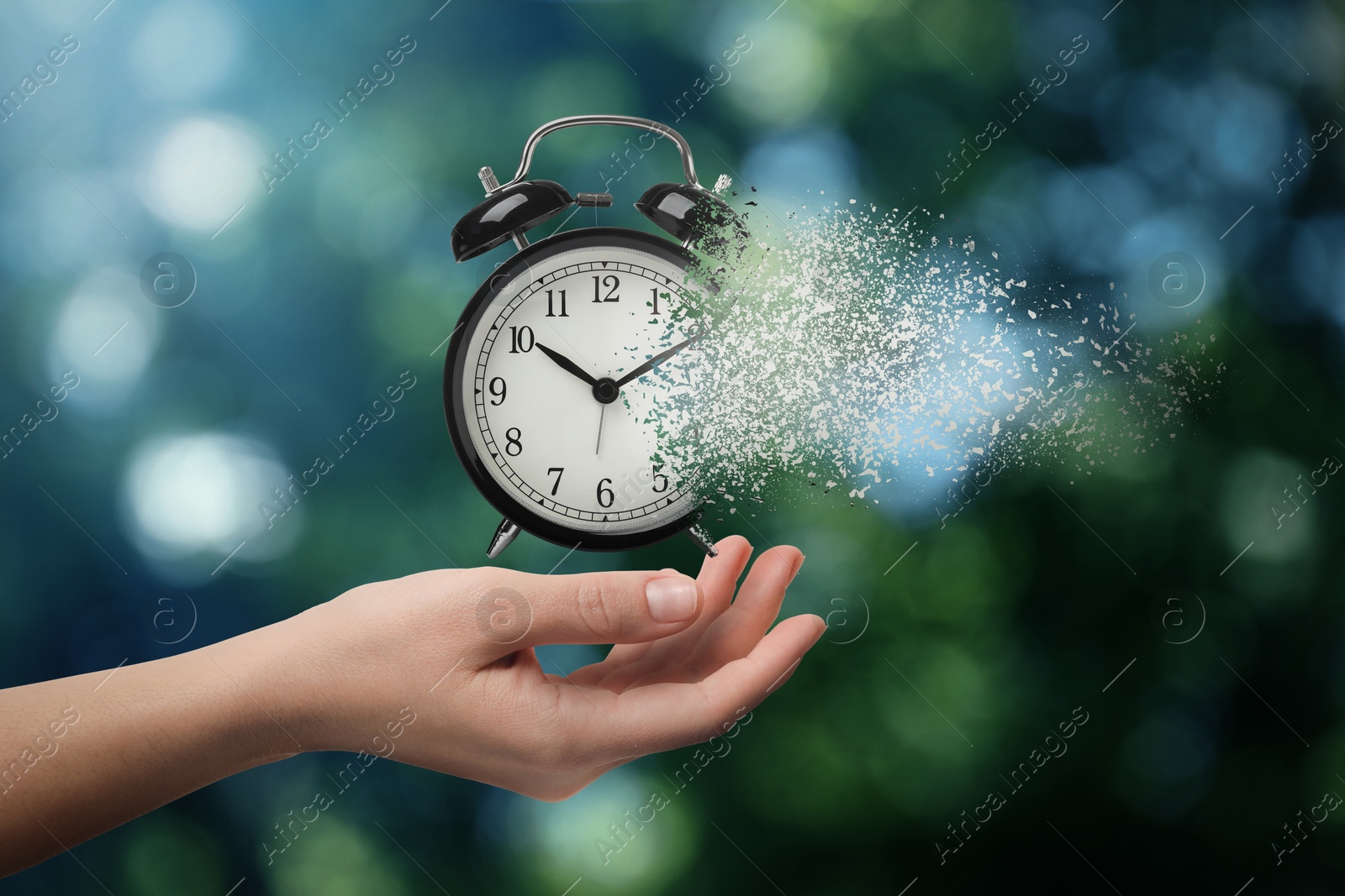 Image of Time running out. Woman with dissolving alarm clock on blurred background, closeup