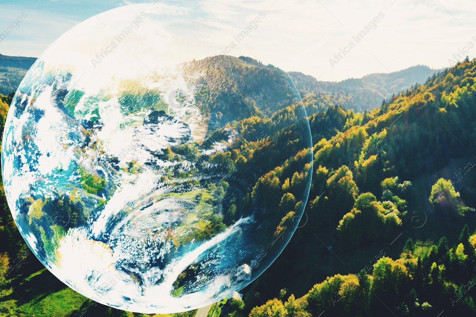 Image of Save the planet. Beautiful mountains and planet Earth, double exposure