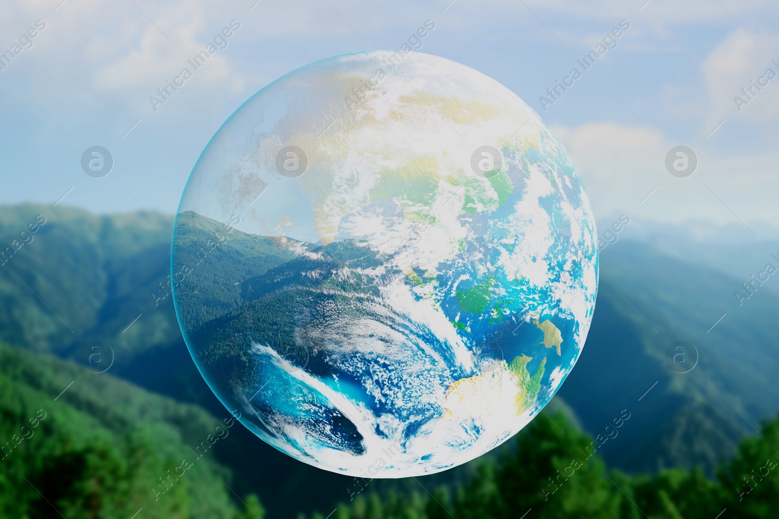 Image of Save the planet. Beautiful mountains and planet Earth, double exposure