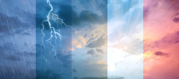 Image of Forecast concept. Collage of photos with different weather conditions