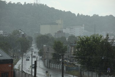 View of city street on rainy day