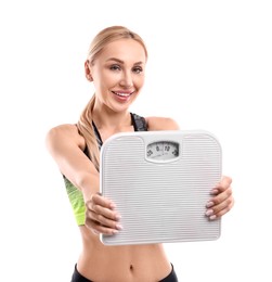 Photo of Happy woman with floor scale on white background