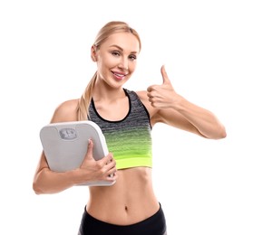 Photo of Happy woman with floor scale showing thumb up on white background